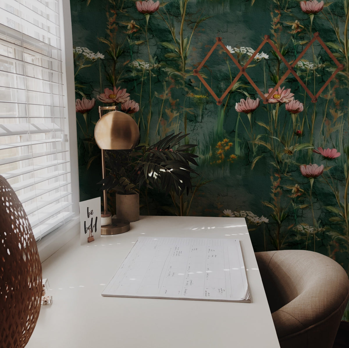 Plaster Meadow large scale wallpaper in a styled room