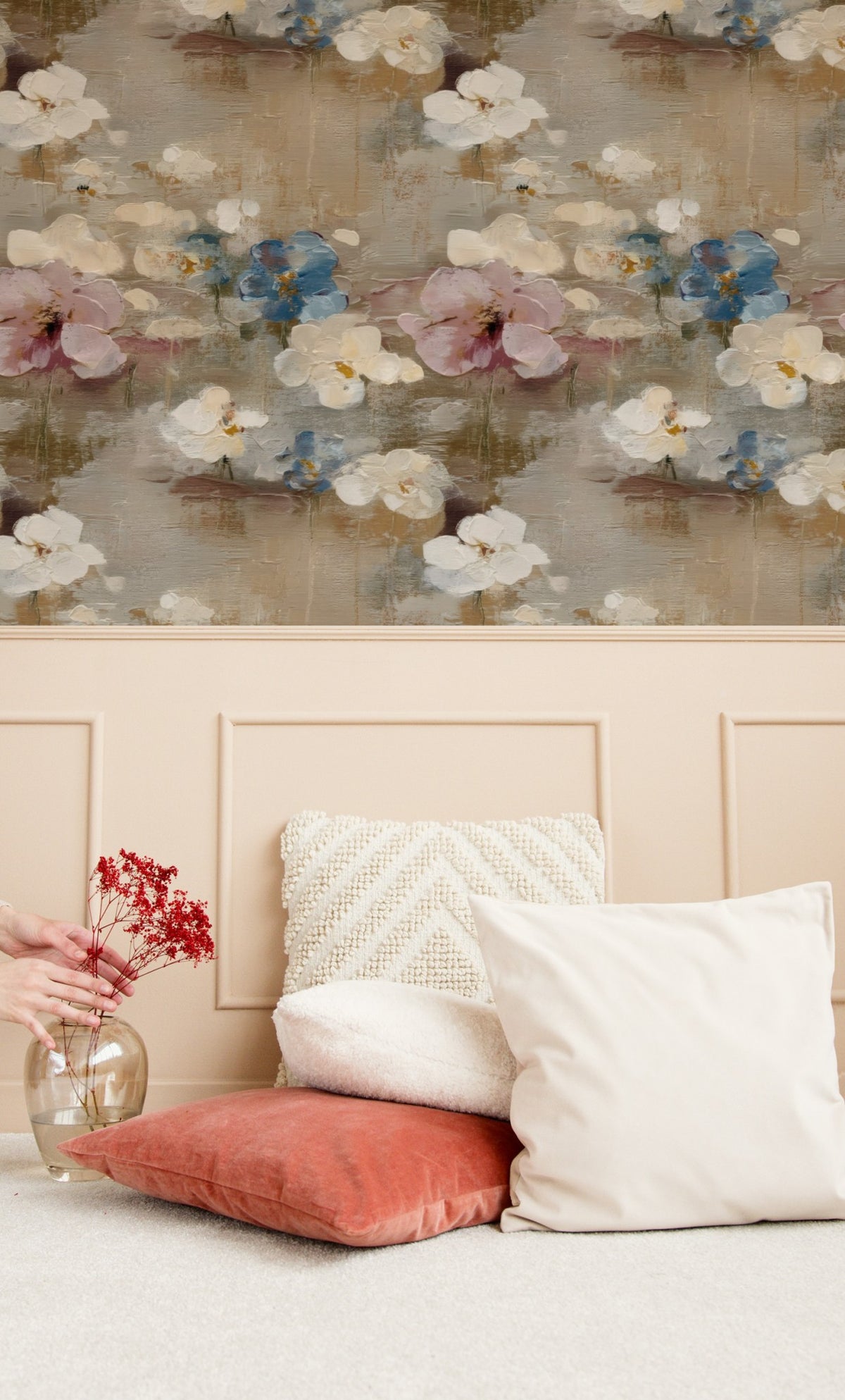 Plaster Petals large scale wallpaper in a styled room