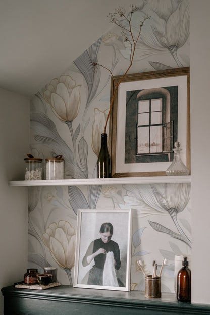 Platinum Tulip large scale wallpaper in a styled room