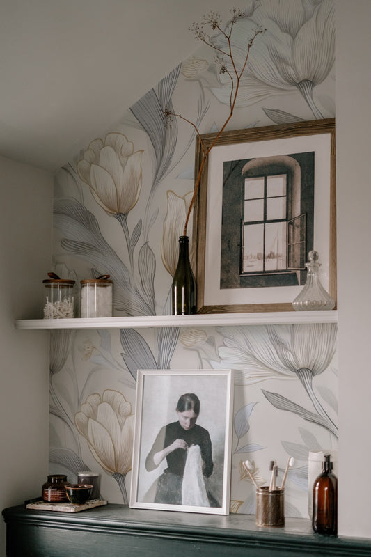 Platinum Tulip large scale wallpaper in a styled room