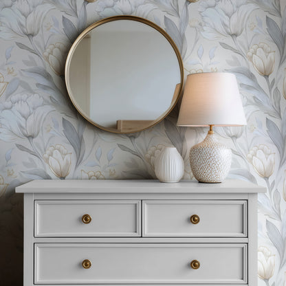 Platinum Tulip large scale wallpaper in a styled room