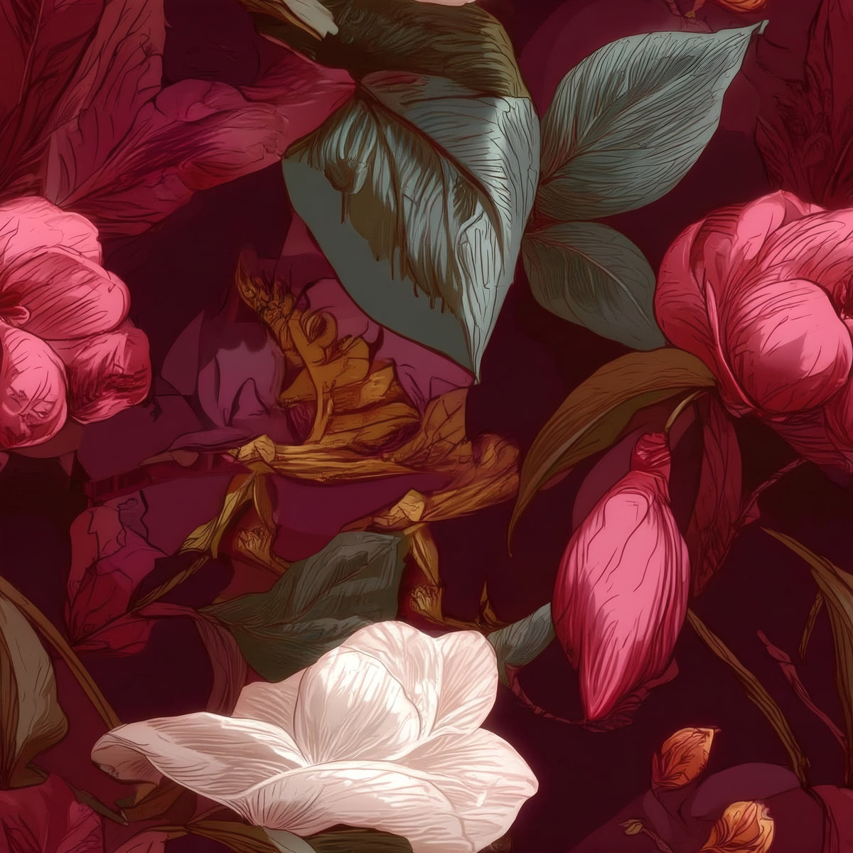 Plum Camellia large scale wallpaper pattern repeat