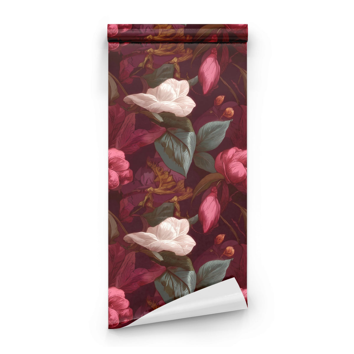 Roll of Plum Camellia large scale wallpaper