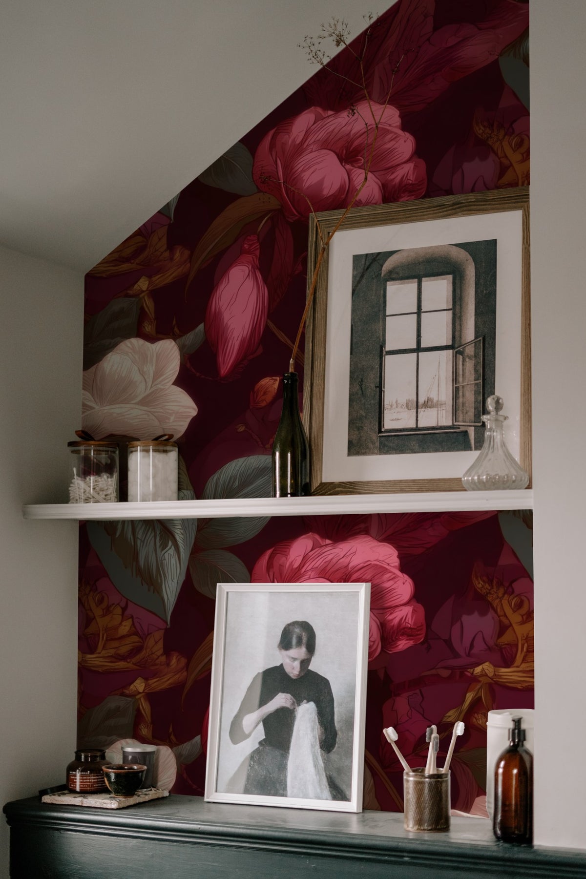 Plum Camellia large scale wallpaper in a styled room