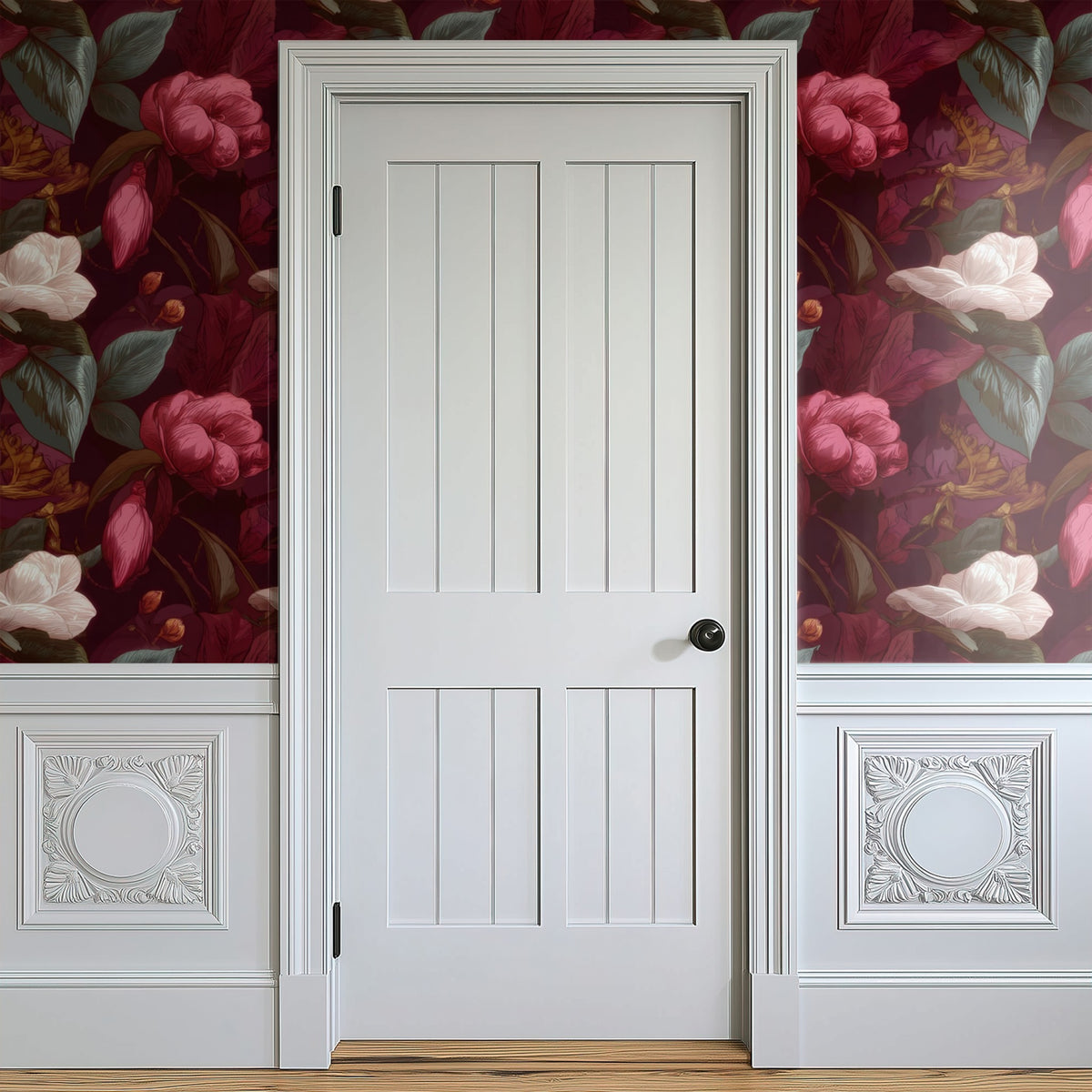 Plum Camellia large scale wallpaper in a styled room