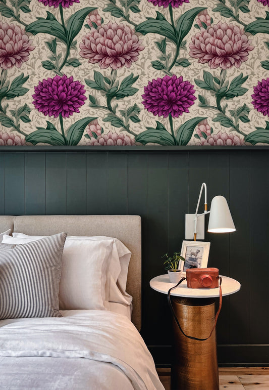 Plum Carnation large scale wallpaper in a styled room