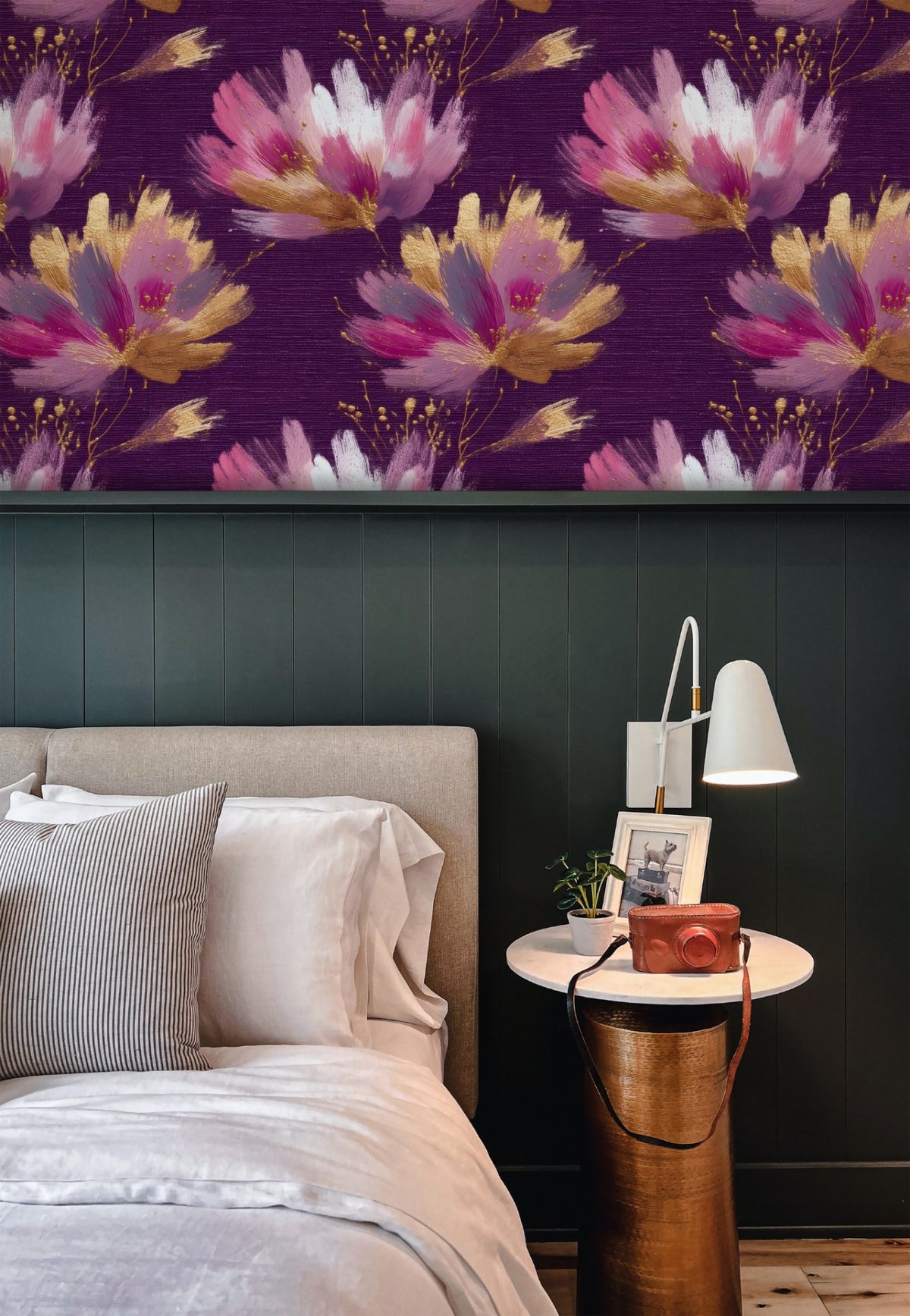 Plum Lotus large scale wallpaper in a styled room
