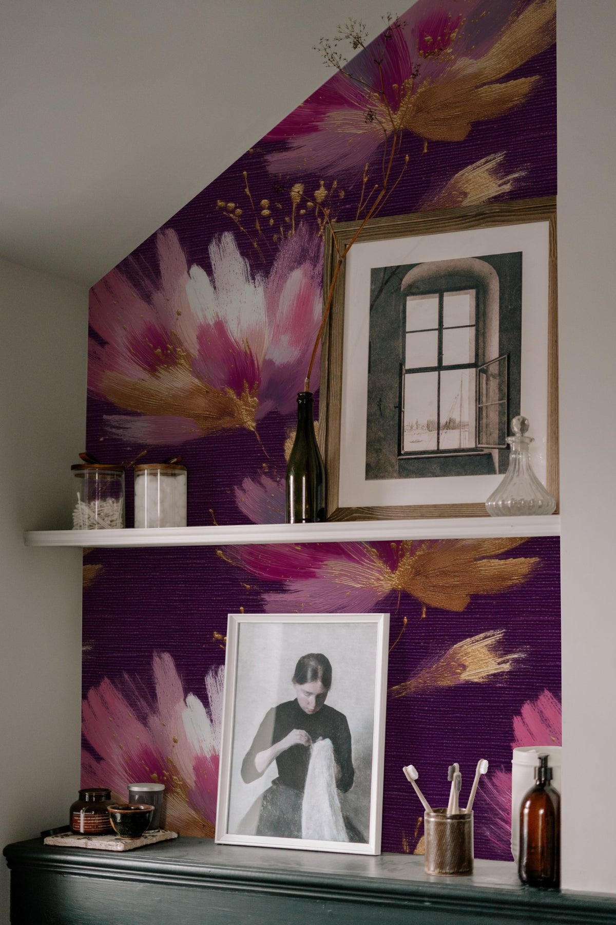 Plum Lotus large scale wallpaper in a styled room