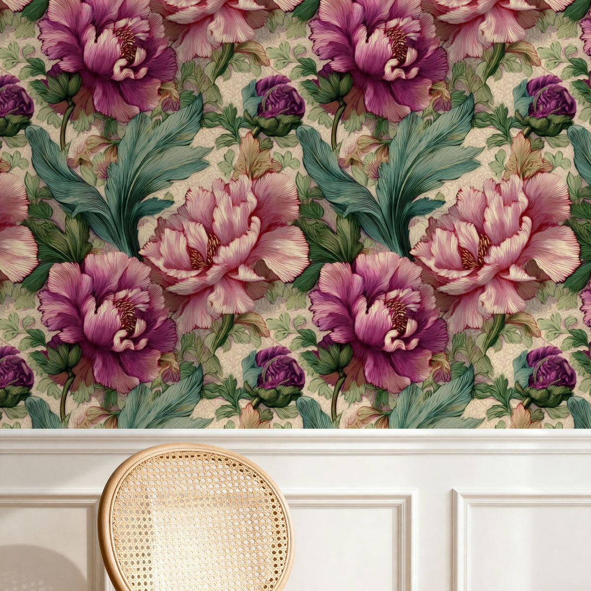 Plum Tapestry large scale wallpaper in a styled room