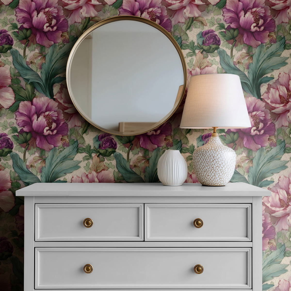 Plum Tapestry large scale wallpaper in a styled room