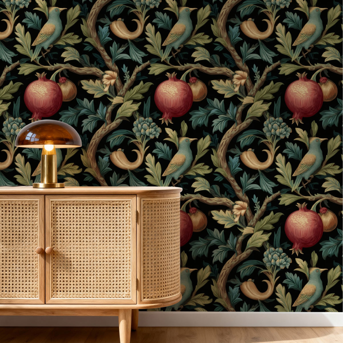 Pomegranate Bird large scale wallpaper in a styled room
