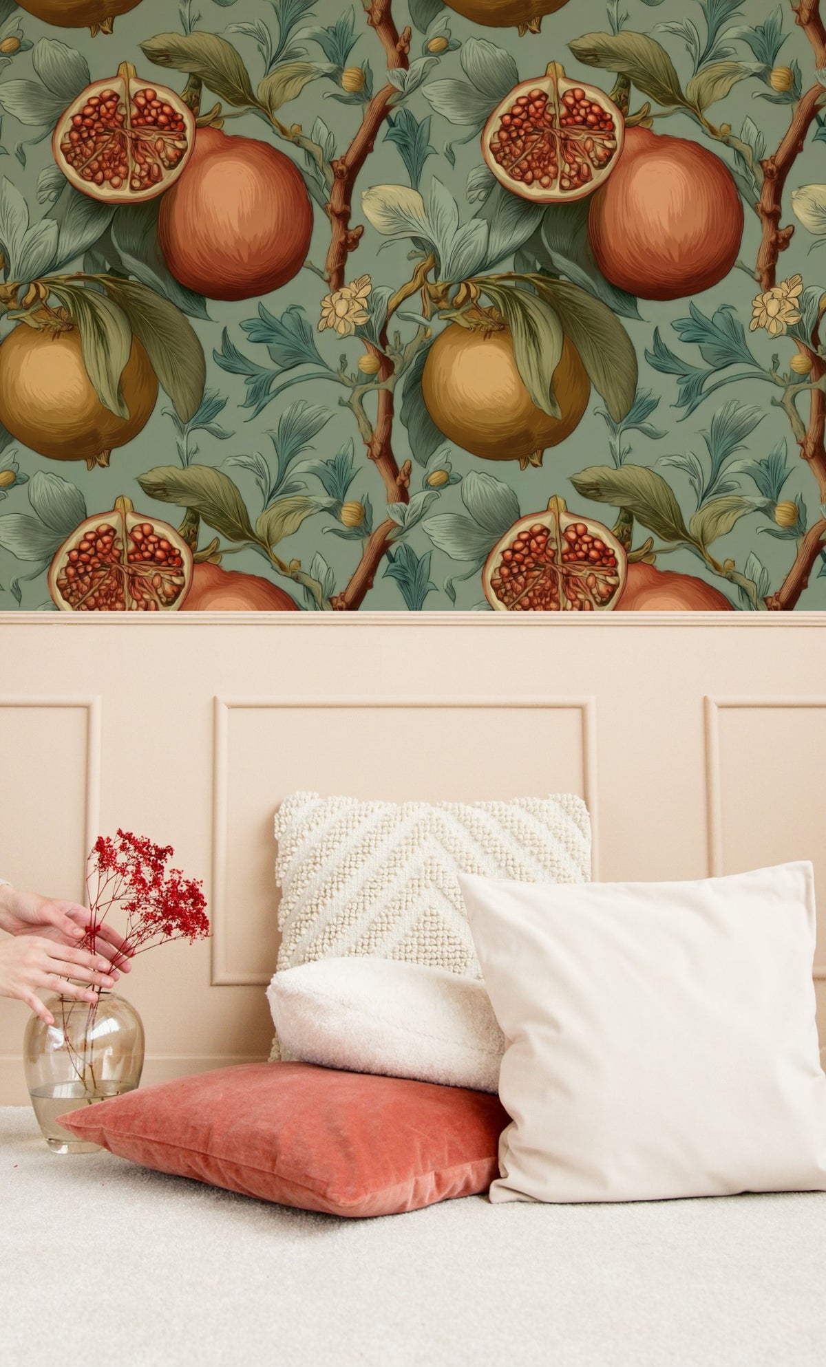 Pomegranate Bough large scale wallpaper in a styled room