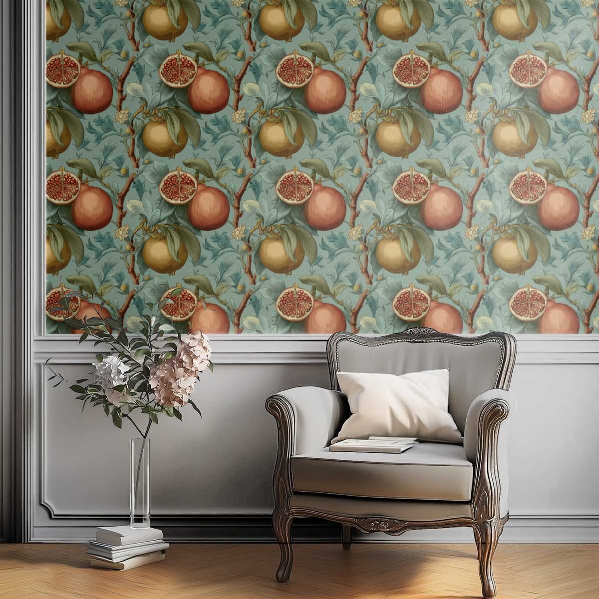 Pomegranate Bough large scale wallpaper in a styled room