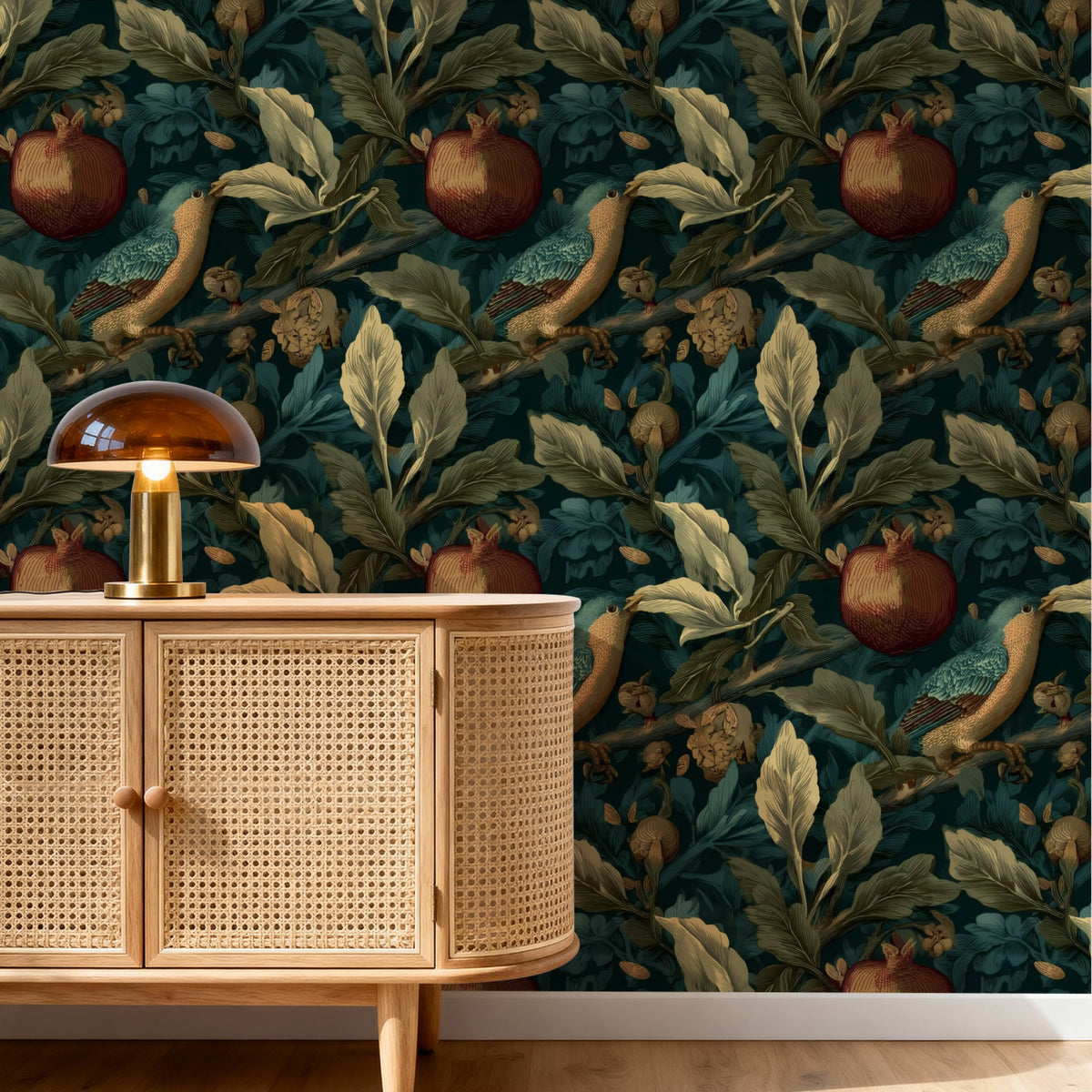 Pomegranate Branch large scale wallpaper in a styled room