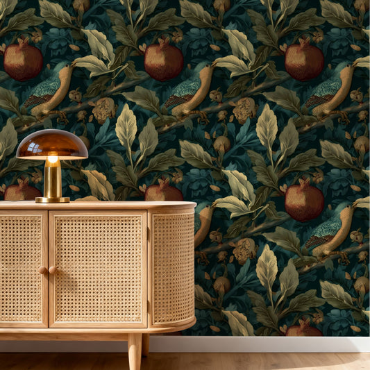 Pomegranate Branch large scale wallpaper in a styled room