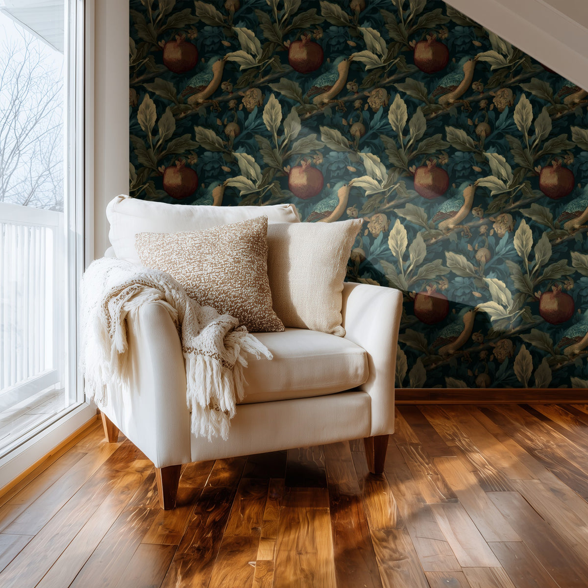 Pomegranate Branch large scale wallpaper in a styled room