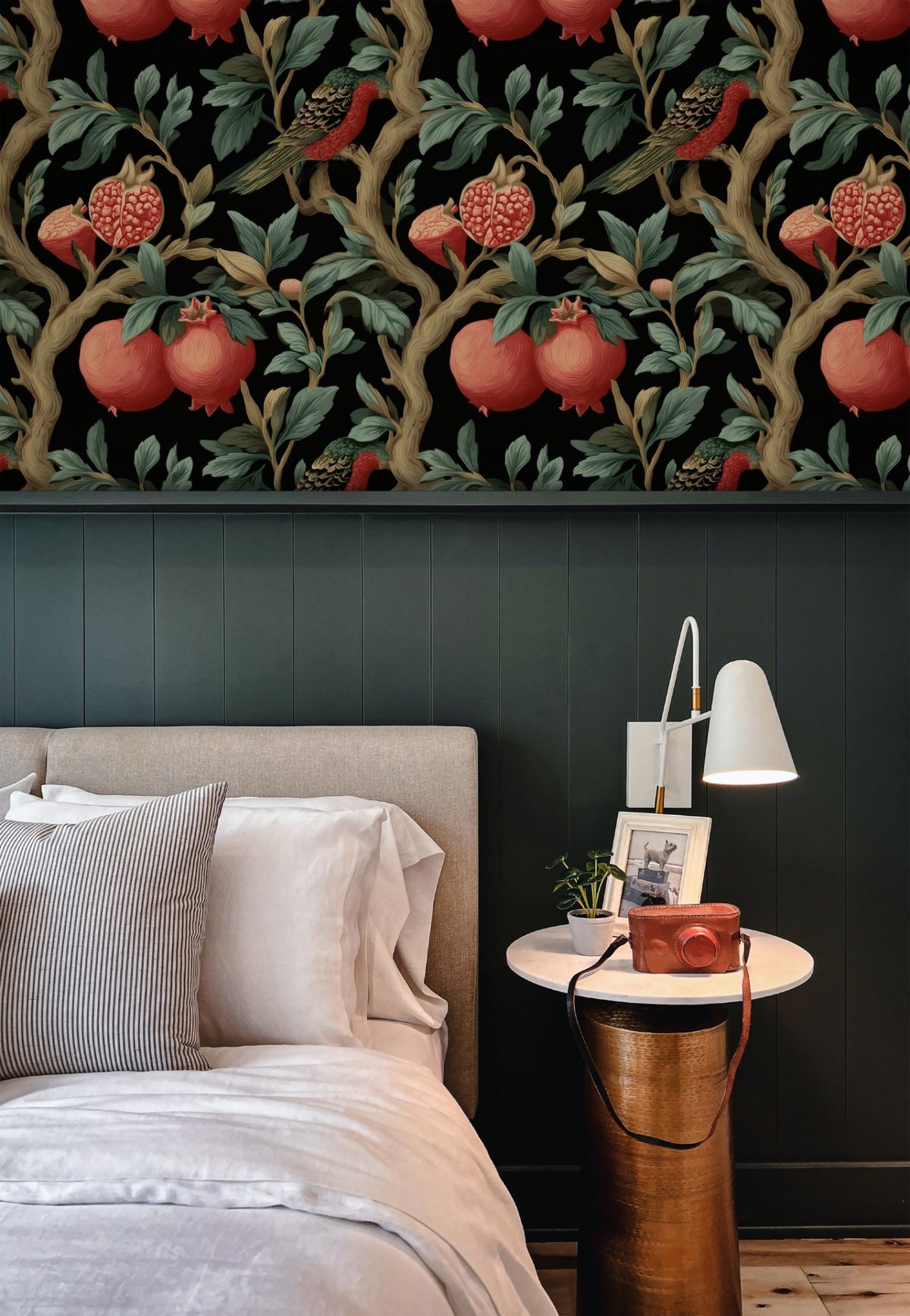 Pomegranate Perch large scale wallpaper in a styled room