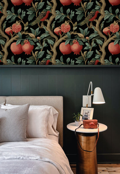 Pomegranate Perch large scale wallpaper in a styled room