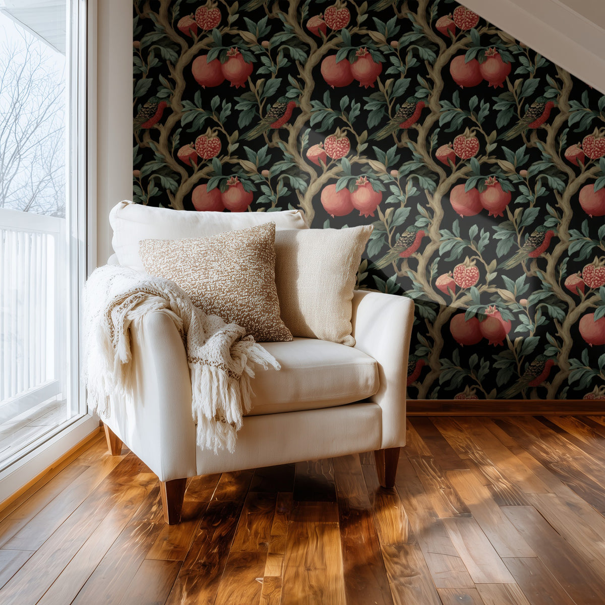 Pomegranate Perch large scale wallpaper in a styled room