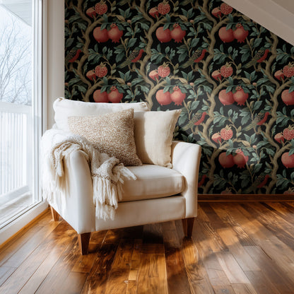 Pomegranate Perch large scale wallpaper in a styled room