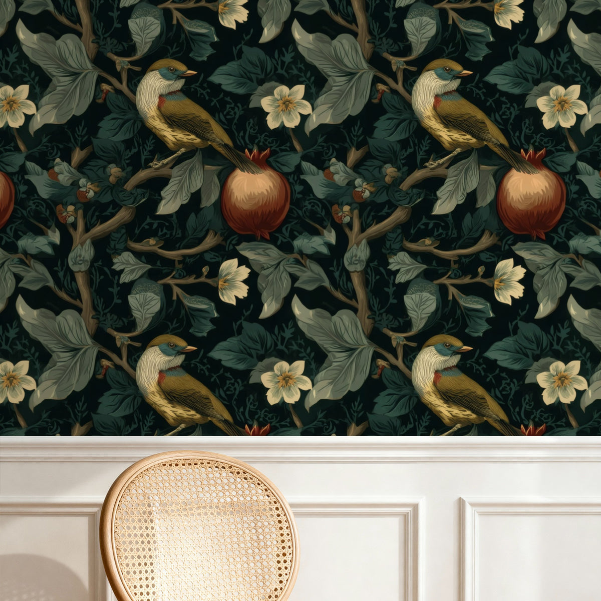 Pomegranate Songbird large scale wallpaper in a styled room