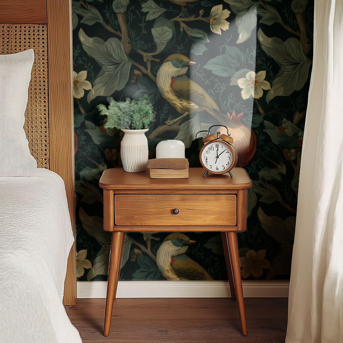 Pomegranate Songbird large scale wallpaper in a styled room