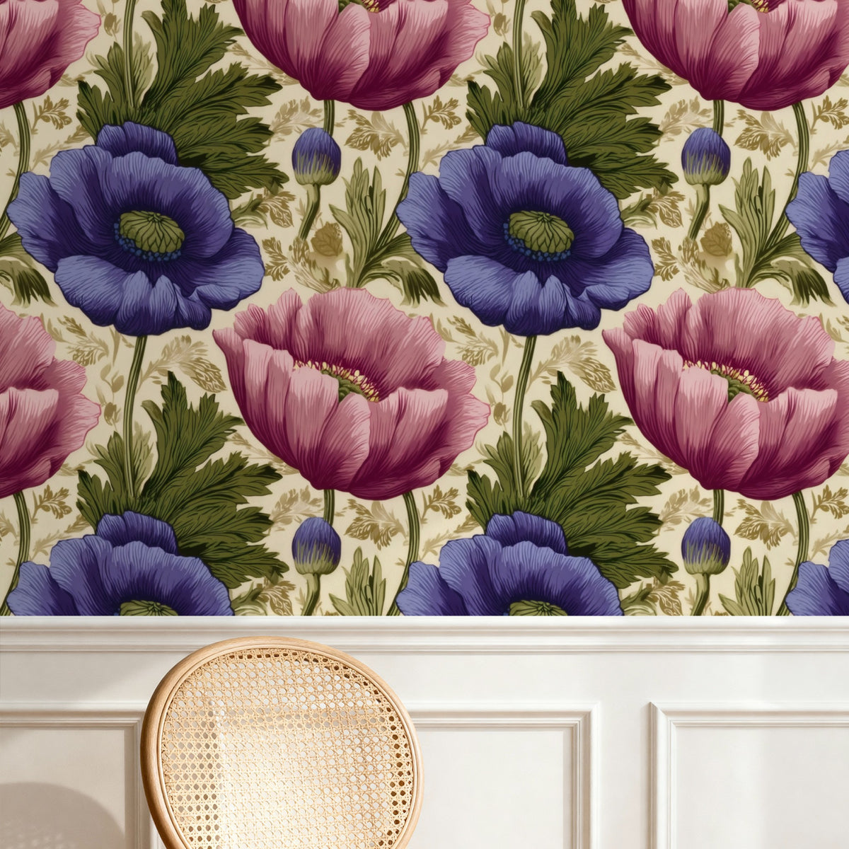 Poppy Anemone large scale wallpaper in a styled room