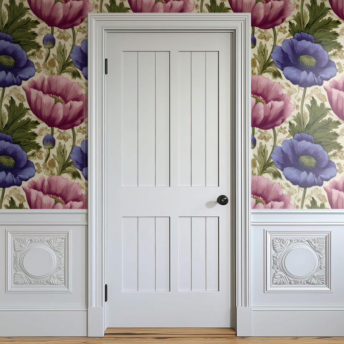 Poppy Anemone large scale wallpaper in a styled room
