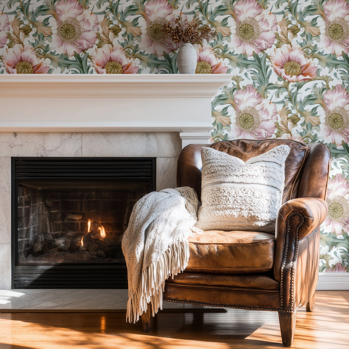 Poppy Scroll large scale wallpaper in a styled room