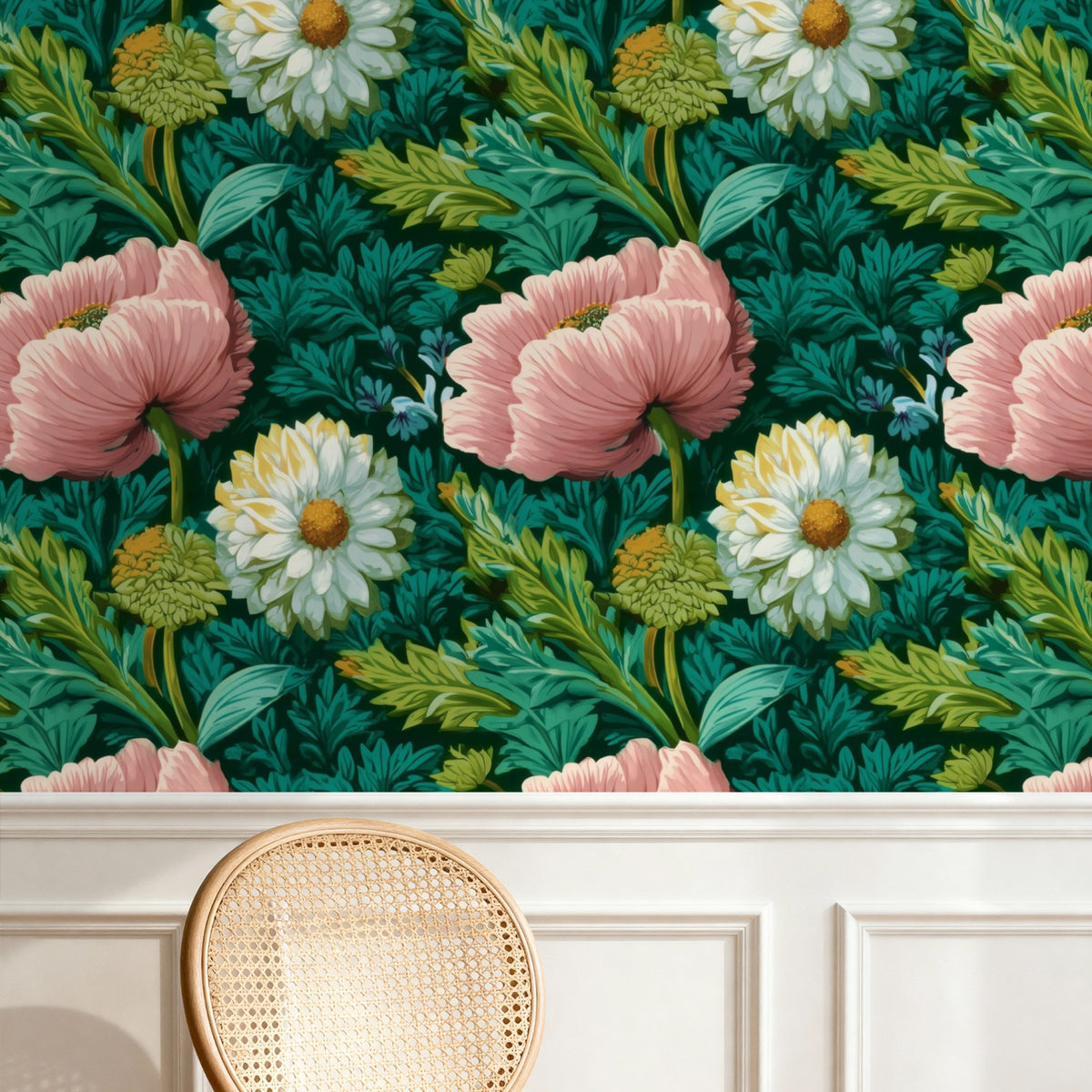 Poppy Thicket large scale wallpaper in a styled room