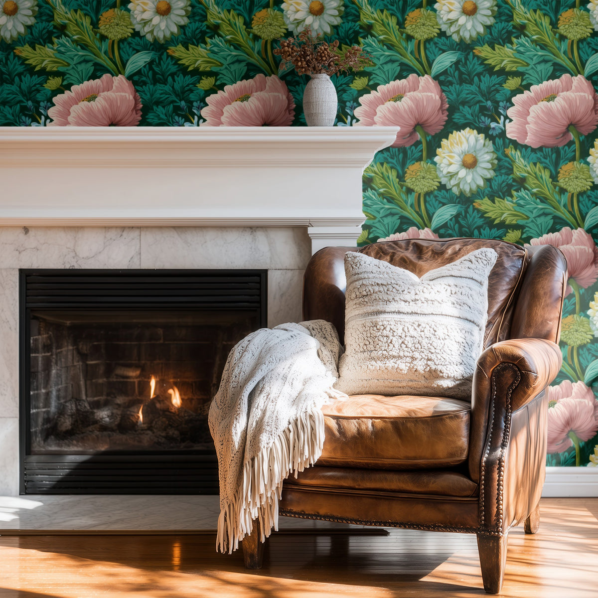 Poppy Thicket large scale wallpaper in a styled room