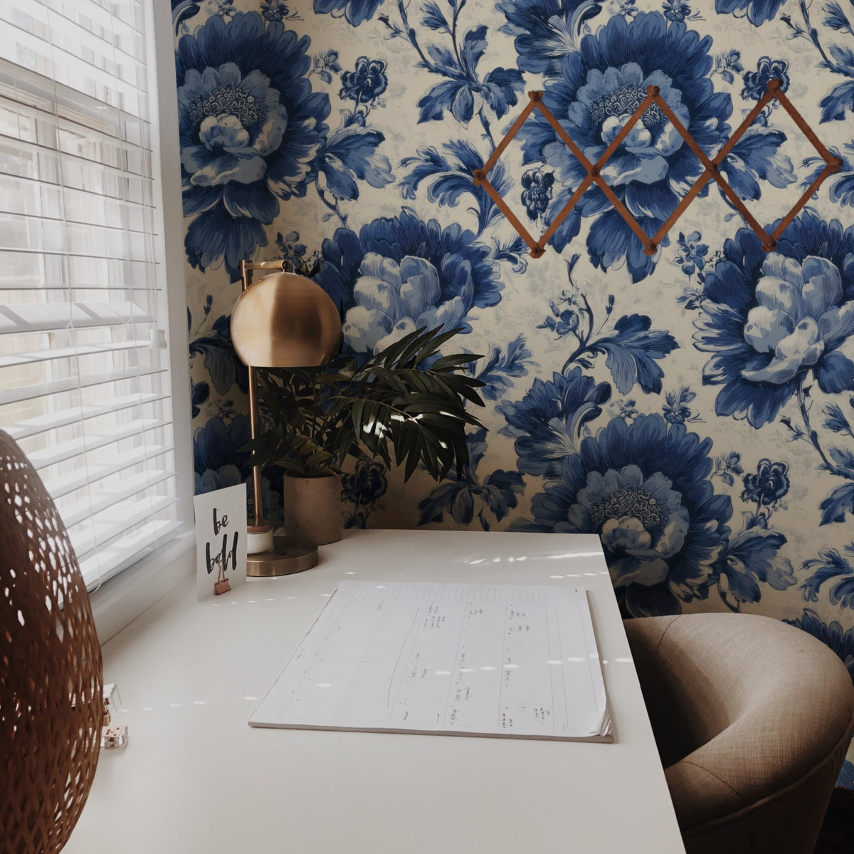 Porcelain Bouquet large scale wallpaper in a styled room