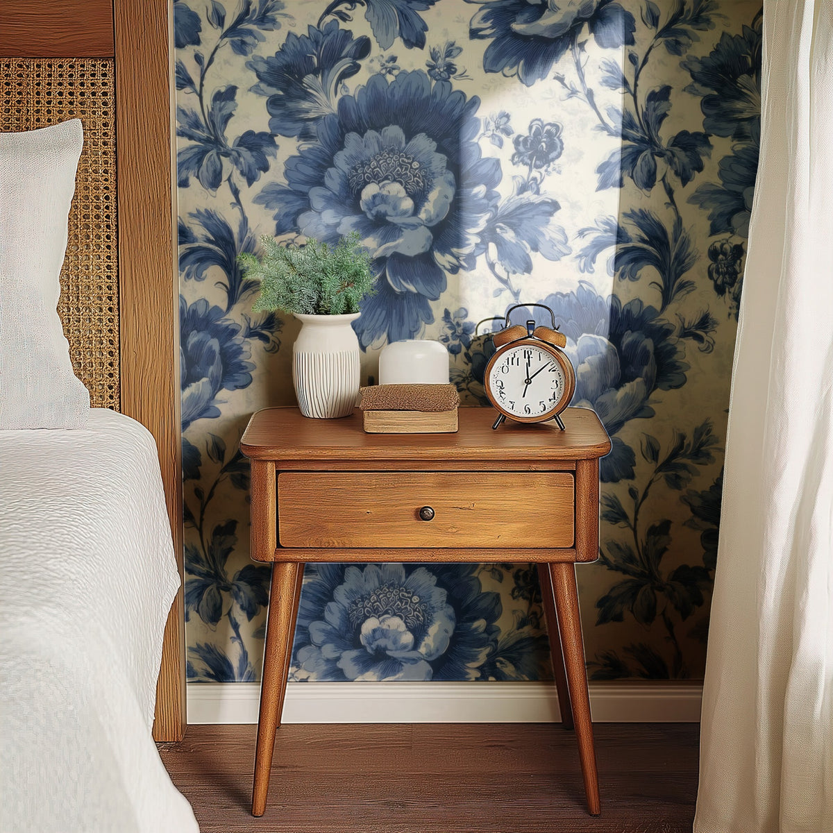 Porcelain Bouquet large scale wallpaper in a styled room