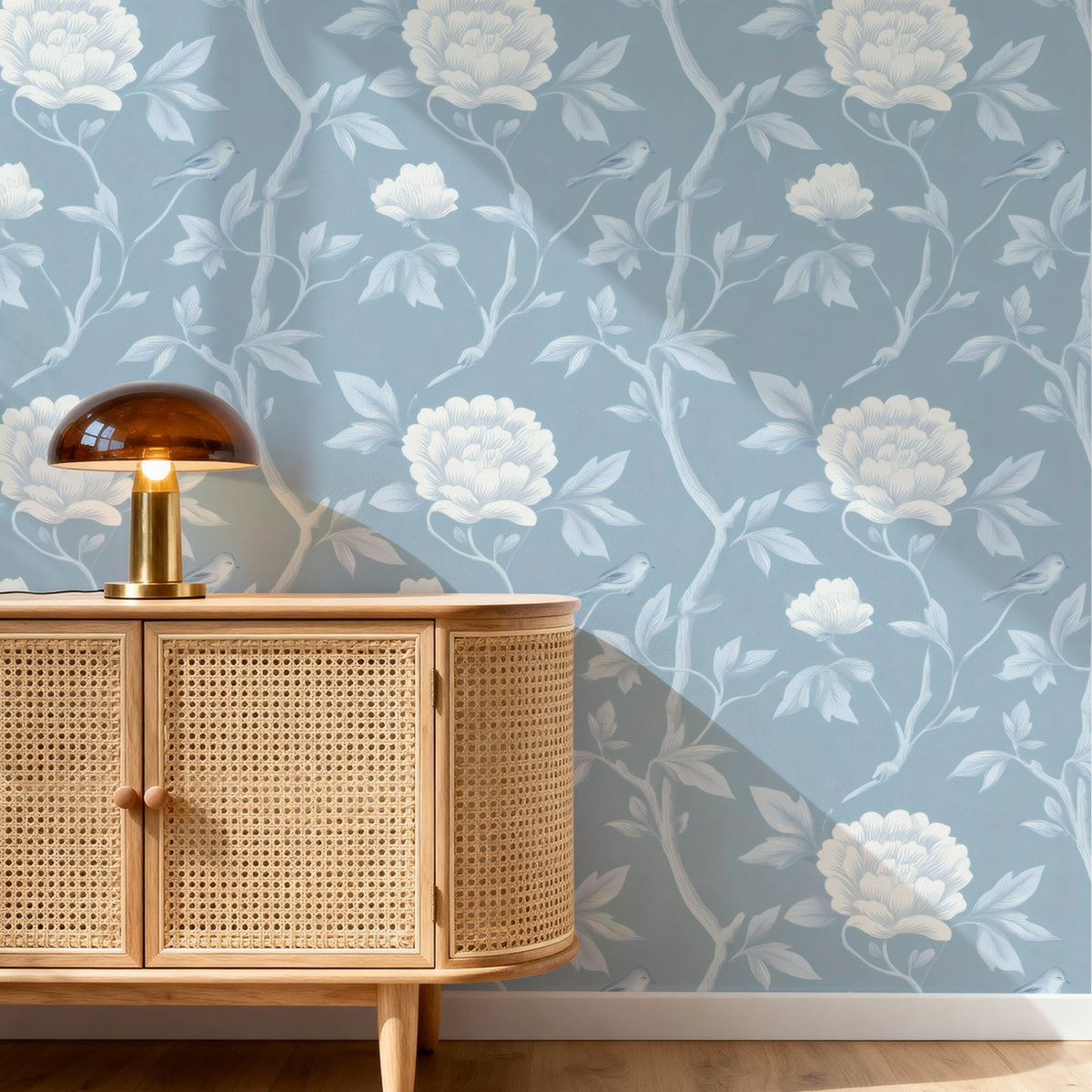 Powder Peony large scale wallpaper in a styled room