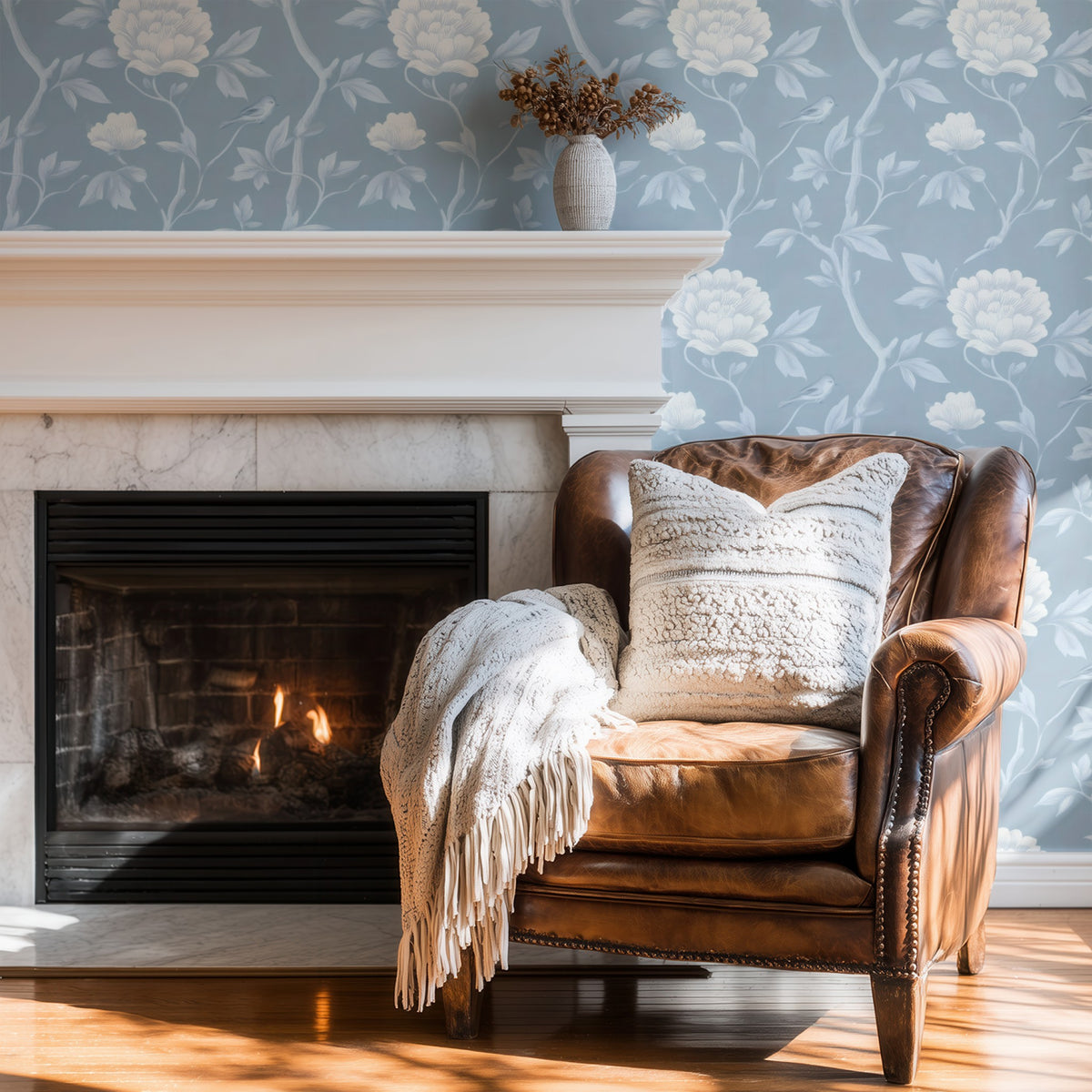 Powder Peony large scale wallpaper in a styled room
