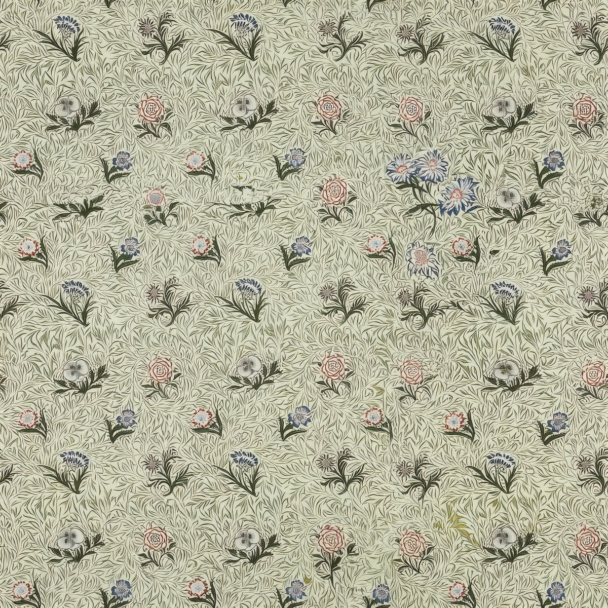 Small pink and blue flower sprigs scattered over pale sage leaves, a William Morris design.