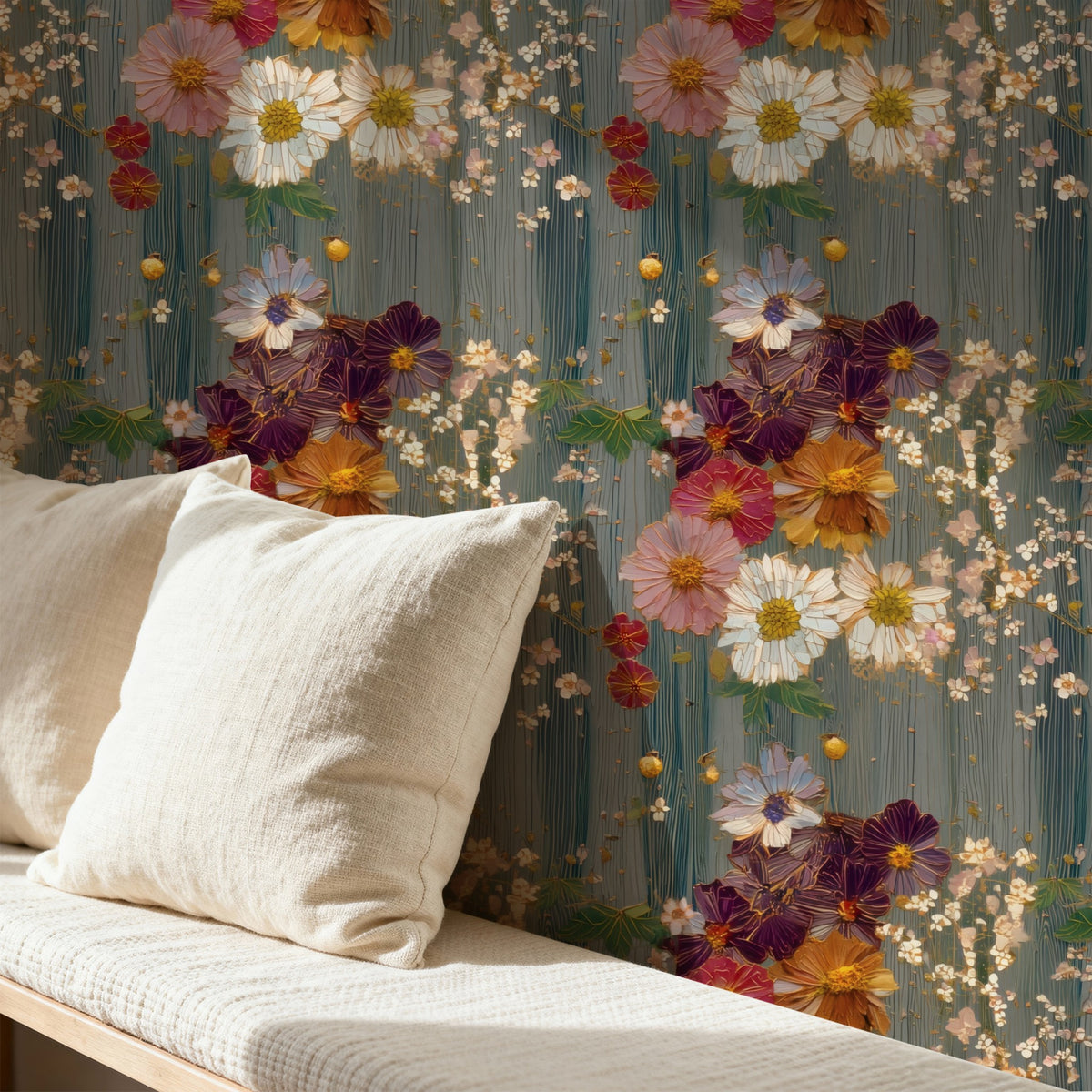 Pressed Blooms large scale wallpaper in a styled room