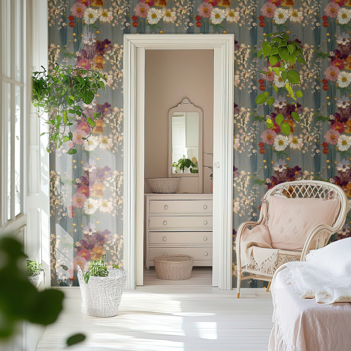 Pressed Blooms large scale wallpaper in a styled room
