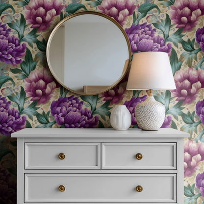 Purple Aster large scale wallpaper in a styled room