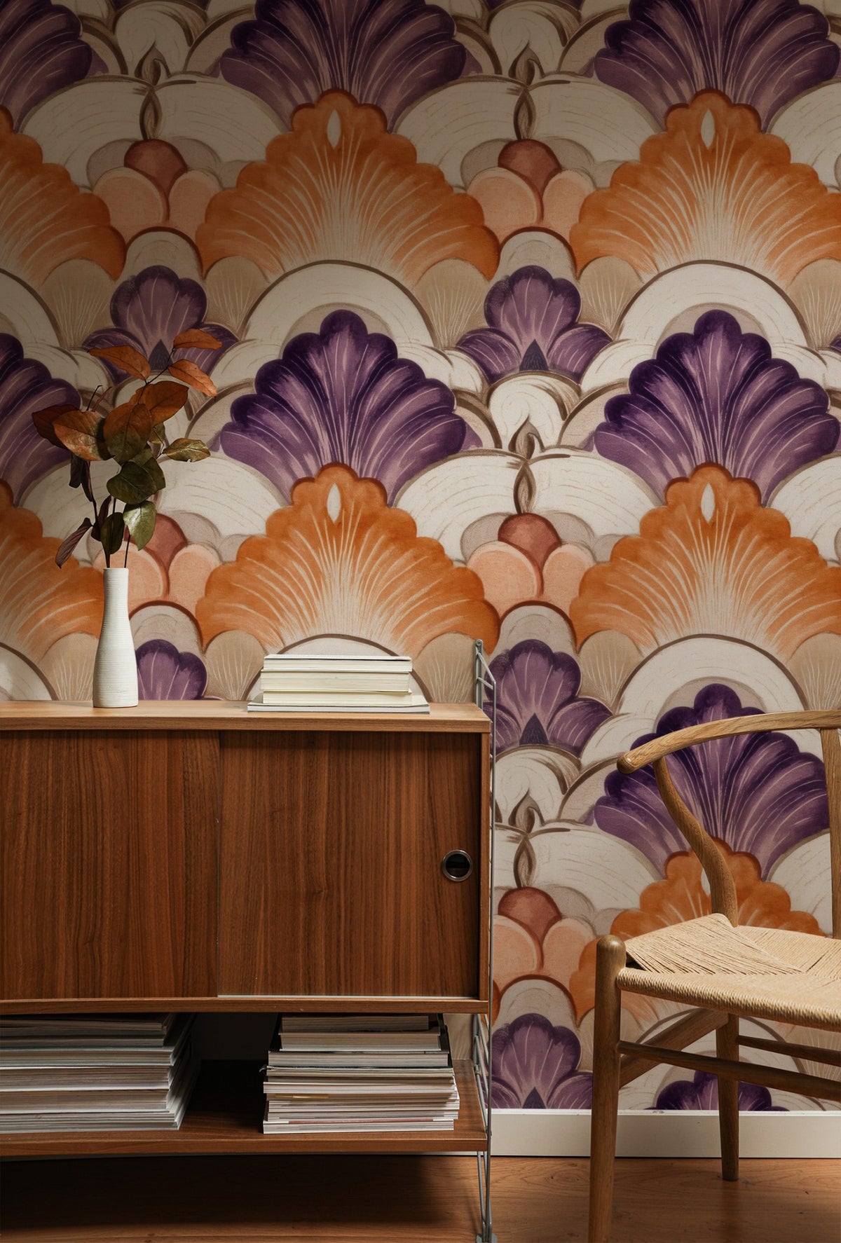 Purple Fans large scale wallpaper in a styled room