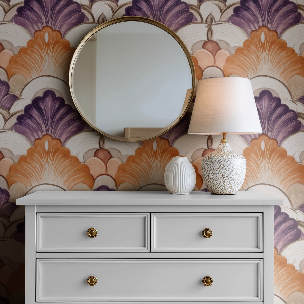 Purple Fans large scale wallpaper in a styled room