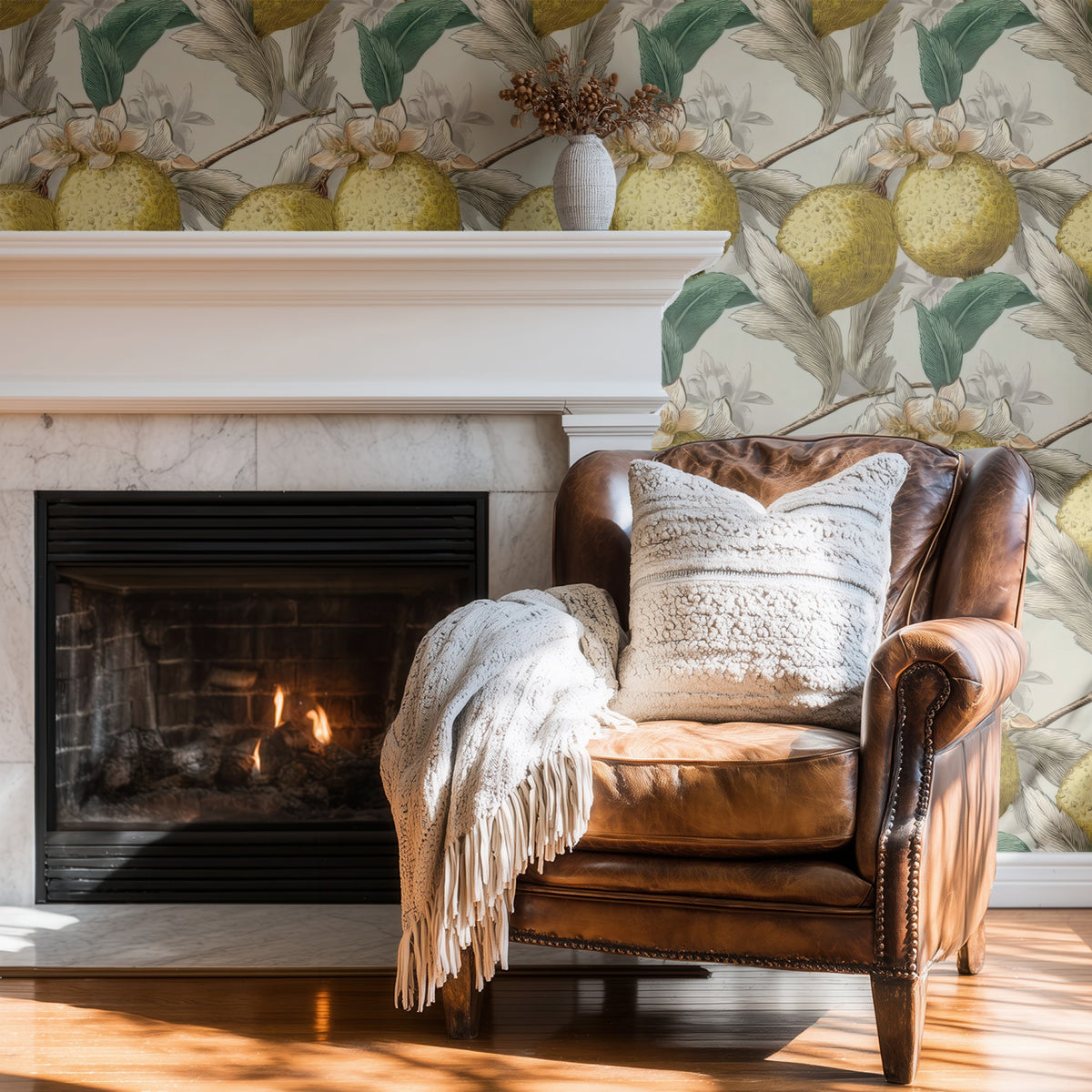 Quince Branch large scale wallpaper in a styled room