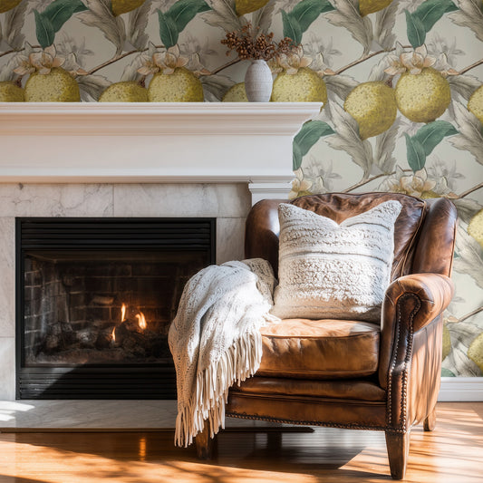 Quince Branch large scale wallpaper in a styled room