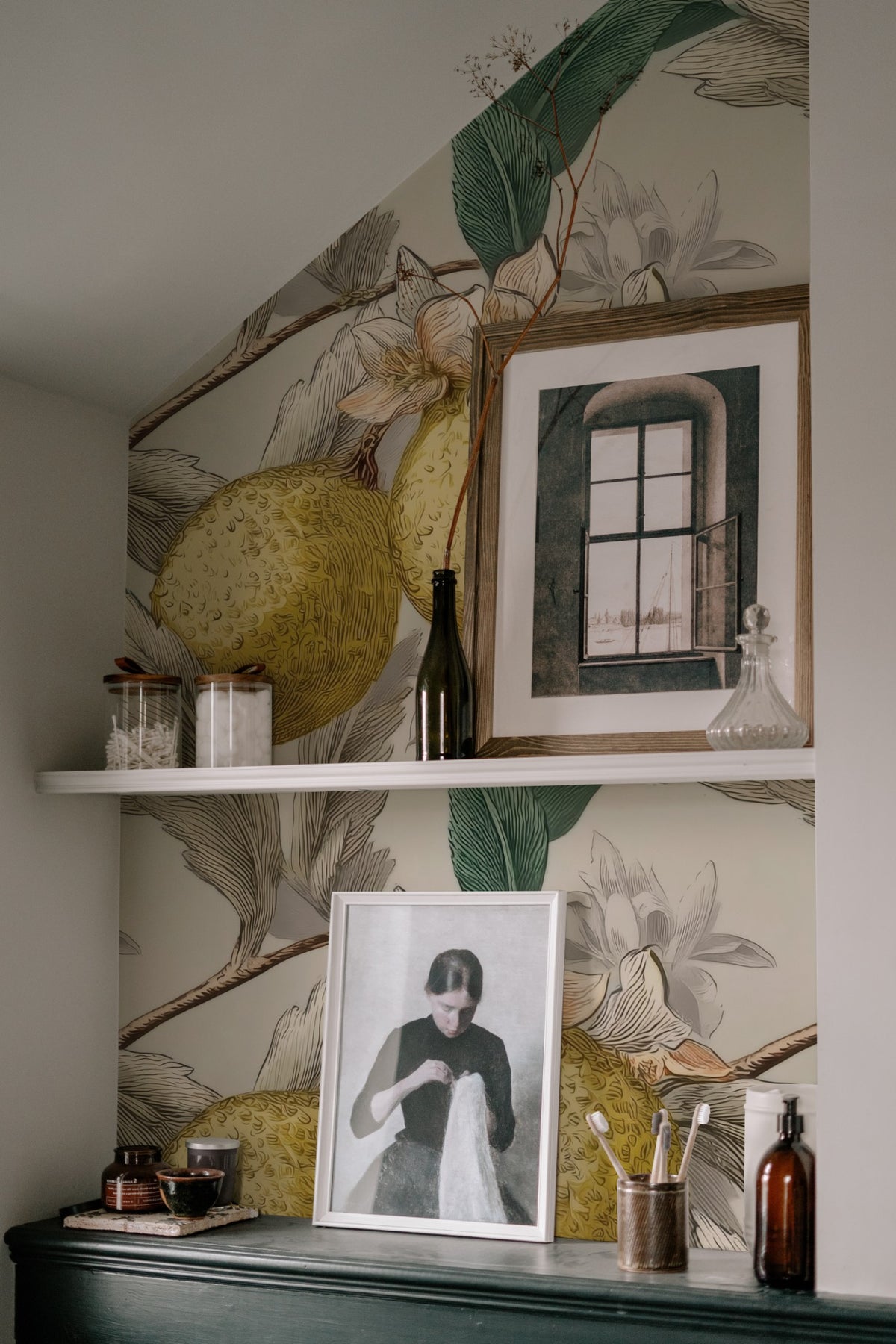 Quince Branch large scale wallpaper in a styled room