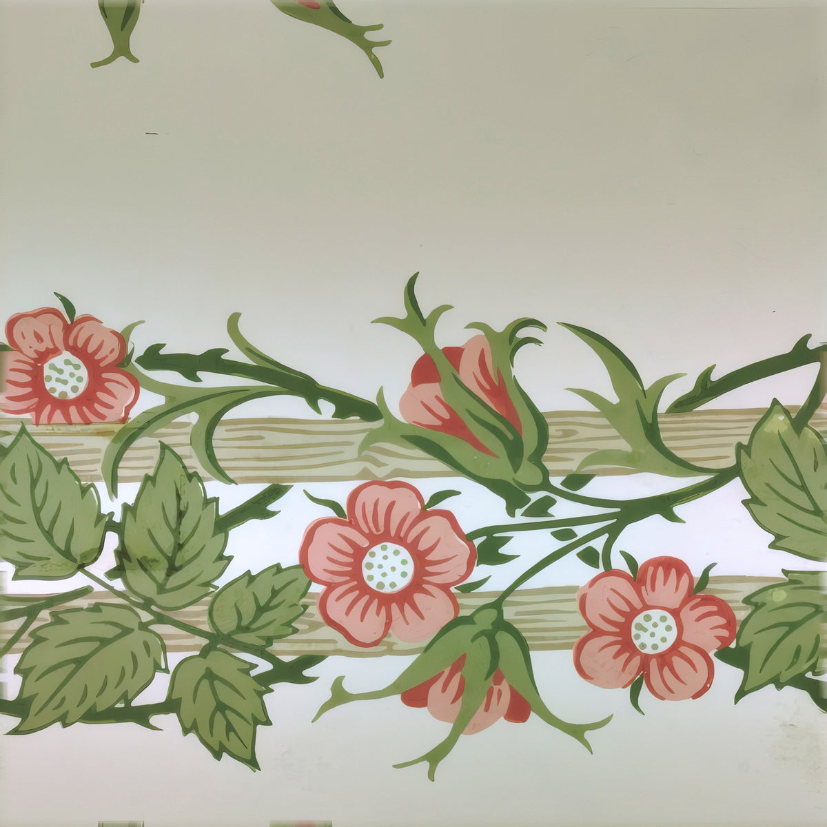 Coral-pink wild roses and green leaves trailing over a soft grey-and-white ground, a William Morris design.