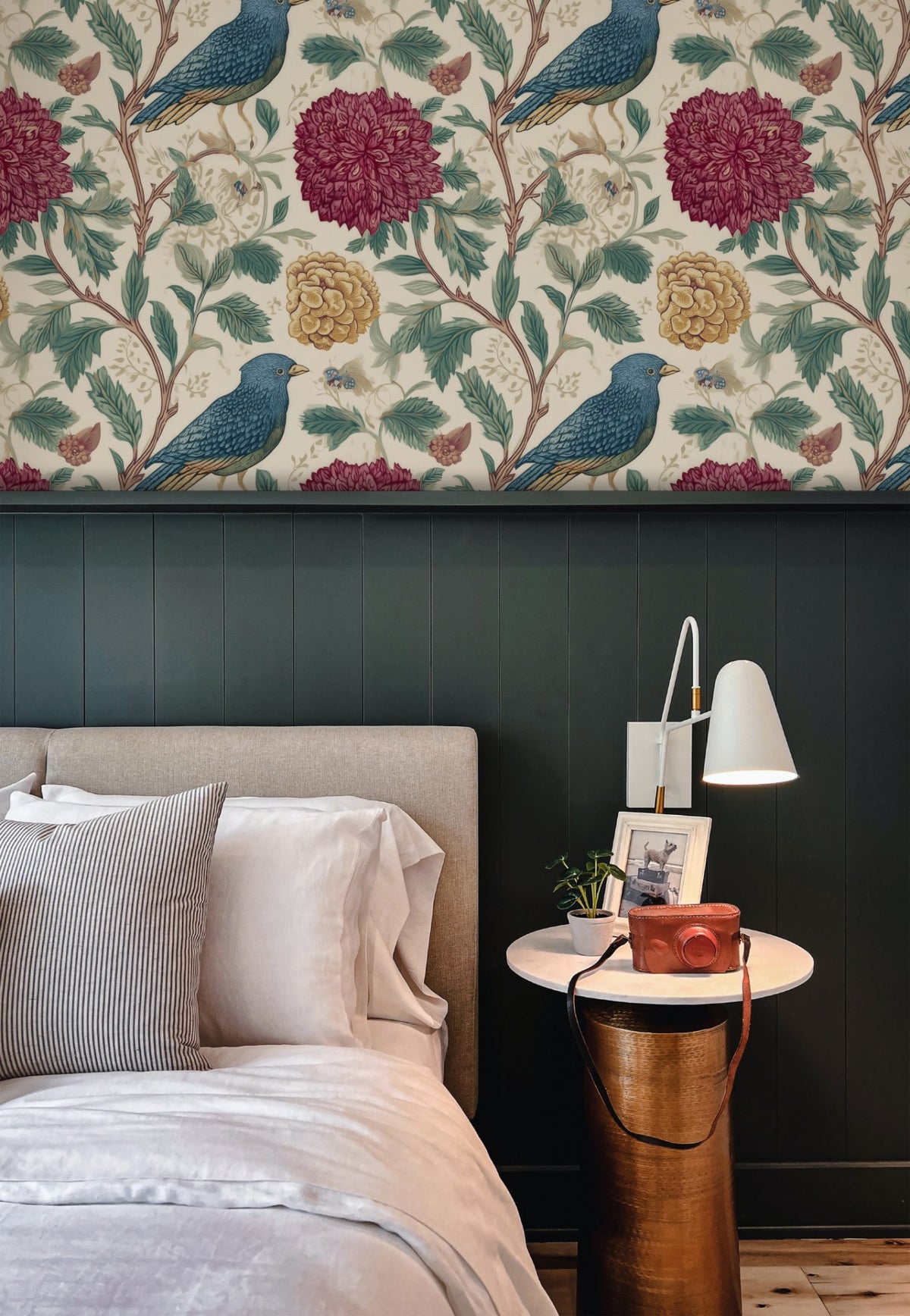 Raspberry Thicket large scale wallpaper in a styled room