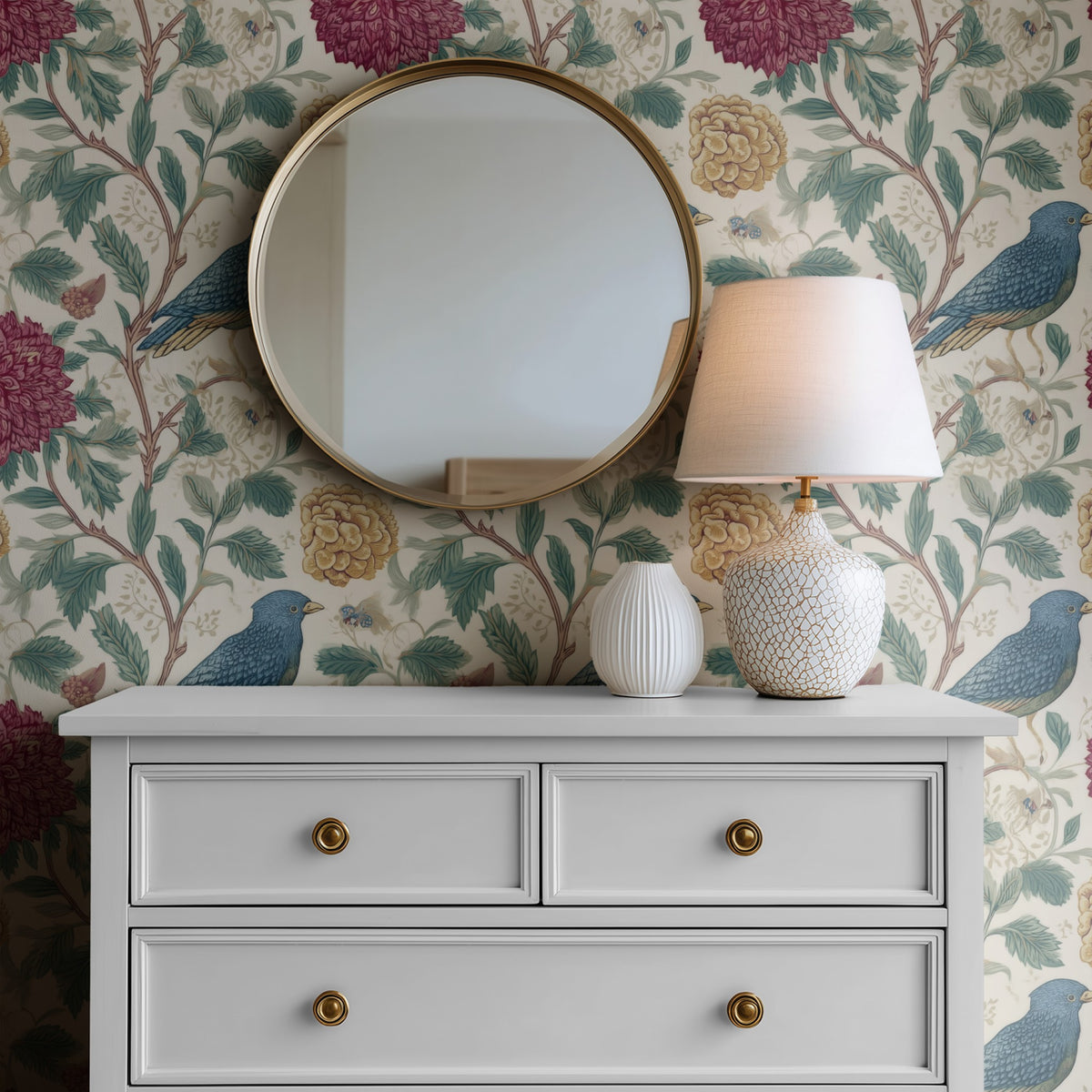 Raspberry Thicket large scale wallpaper in a styled room