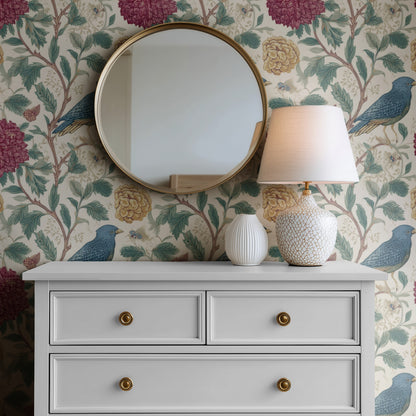 Raspberry Thicket large scale wallpaper in a styled room