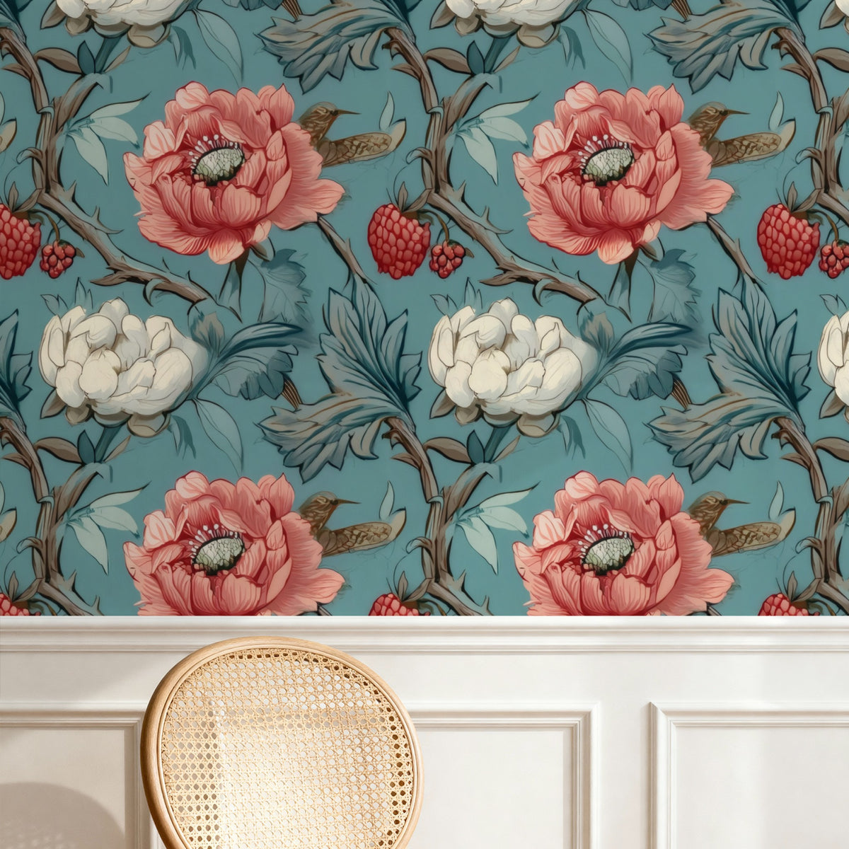 Raspberry Thrush large scale wallpaper in a styled room