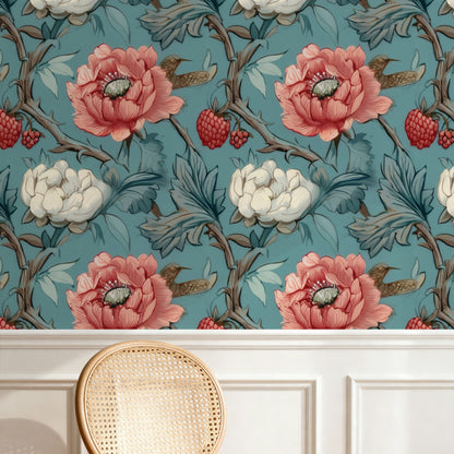 Raspberry Thrush large scale wallpaper in a styled room